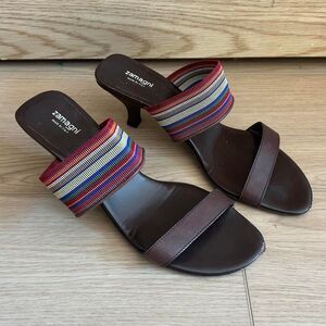 Vintage Zamagni Brown Leather Kitten Heel Sandals w/ Rainbow Strap EU 39 US 8.5
